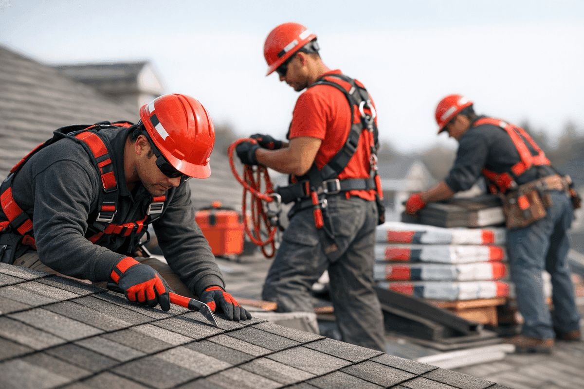 Close-up of roofer’s gloved hands securing asphalt shingles with hammer and tape