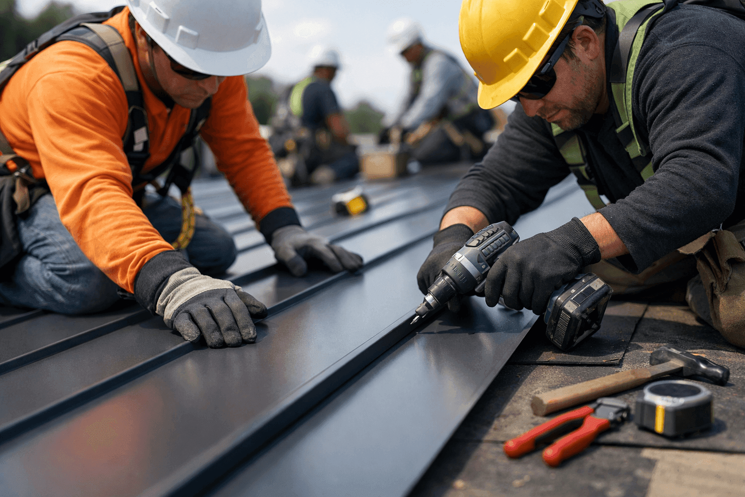 Crew installing standing seam metal panels on a roof
