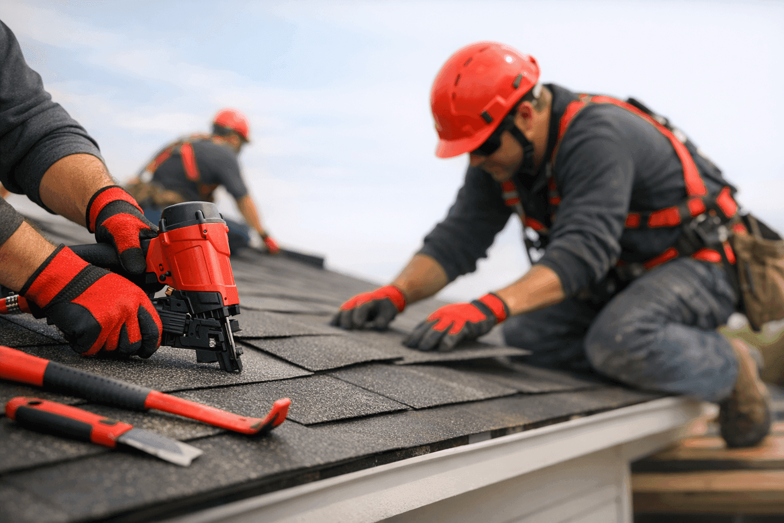 Professional roofing crew wearing safety gear working on a clean residential roof