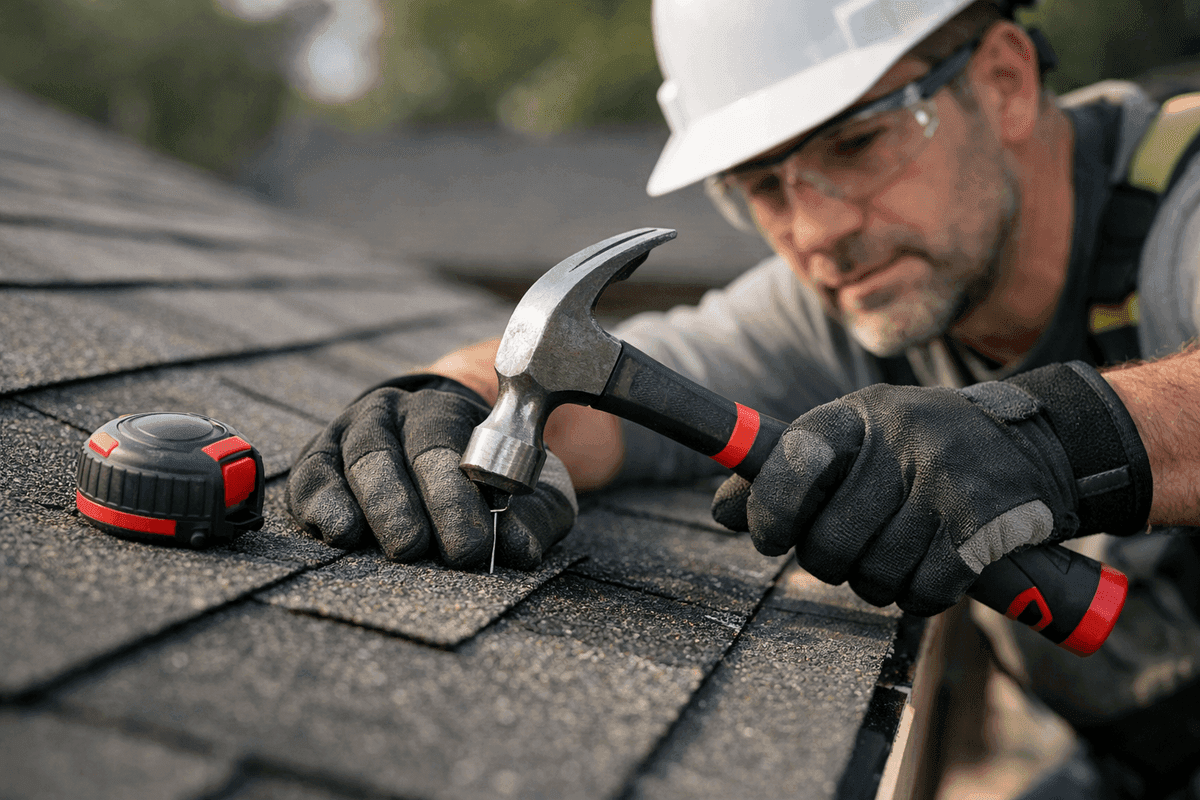 Close-up of roofer’s gloved hands securing asphalt shingles with hammer and tape